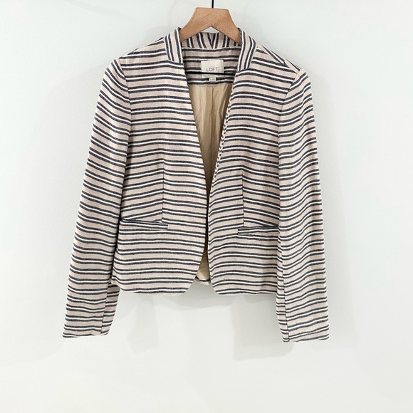 Loft Open Front Blazer Blue Tan Stripe Size 6 - Picture 2 of 6